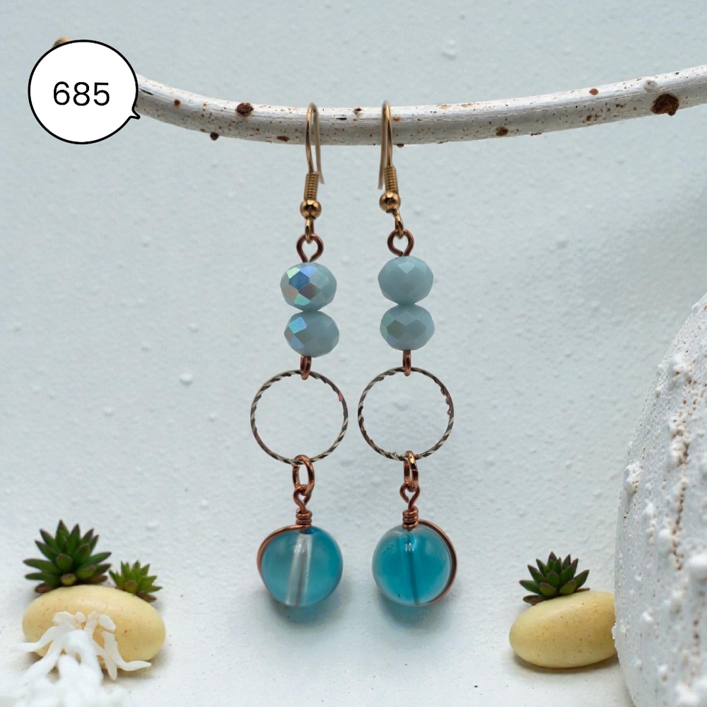 Blue Bead Dangle Earrings with Hoops | Handmade Copper Wire Jewelry